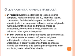 O QUE A CRIANÇA APRENDE NA ESCOLA
 2º Período: Escreve e identifica as letras do nome
completo, registra números até 30, identifica vogais,
consoantes, faz leitura de imagens das histórias
infantis, junta e ler pequenas palavras, realiza adição de
numerais,identifica sinais de trânsitos, meios de
transportes,diferencia dia e noite,preservação da
natureza, retira agenda do quadro...
 1° ano: Domina as 2 formas da escrita bastão e cursiva,
reconhece numerais de 0 a 100,realiza adição e
subtração de continhas, decompõe dezenas e
unidades,ler e escreve pequenas frases,conhece a
história dos números e da escrita,preservação do meio
ambiente, vivencia histórias infantis...
 