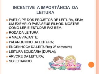 INCENTIVE A IMPORTÂNCIA DA
LEITURA
 PARTICIPE DOS PROJETOS DE LEITURA, SEJA
UM EXEMPLO PARA SEUS FILHOS. MOSTRE
COMO LER E ESTUDAR FAZ BEM.
 RODA DA LEITURA;
 A MALA VIAJANTE;
 PALANQUINHO DA LEITURA;
 ENGENHOCA DA LEITURA;( 2º semestre)
 LEITURA SOLIDÁRIA (DUPLA);
 ÁRVORE DA LEITURA;
 SOLETRANDO.
 