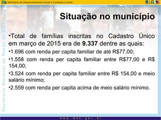 •Total de famílias inscritas no Cadastro Único
em março de 2015 era de 9.337 dentre as quais:
•1.696 com renda per capita familiar de até R$77,00;
•1.558 com renda per capita familiar entre R$77,00 e R$
154,00;
•3.524 com renda per capita familiar entre R$ 154,00 e meio
salário mínimo;
•2.559 com renda per capita acima de meio salário mínimo.
Situação no município
 