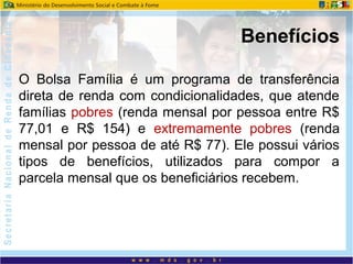 O Bolsa Família é um programa de transferência
direta de renda com condicionalidades, que atende
famílias pobres (renda mensal por pessoa entre R$
77,01 e R$ 154) e extremamente pobres (renda
mensal por pessoa de até R$ 77). Ele possui vários
tipos de benefícios, utilizados para compor a
parcela mensal que os beneficiários recebem.
Benefícios
 