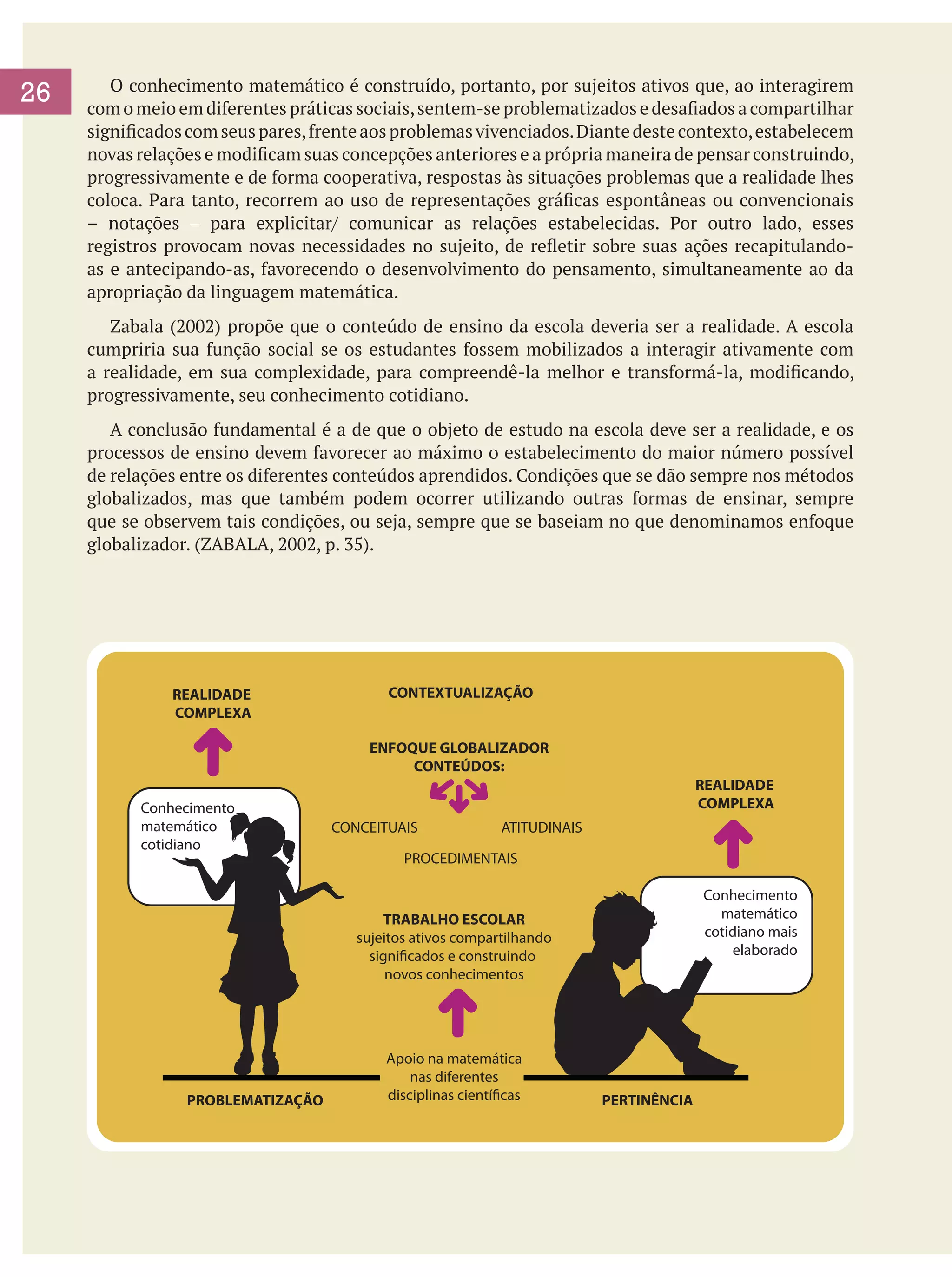 26

	
	 O conhecimento matemático é construído, portanto, por sujeitos ativos que, ao interagirem
com o meio em diferentes práticas sociais, sentem-se problematizados e desafiados a compartilhar
significados com seus pares, frente aos problemas vivenciados. Diante deste contexto, estabelecem
novas relações e modificam suas concepções anteriores e a própria maneira de pensar construindo,
progressivamente e de forma cooperativa, respostas às situações problemas que a realidade lhes
coloca. Para tanto, recorrem ao uso de representações gráficas espontâneas ou convencionais
– notações – para explicitar/ comunicar as relações estabelecidas. Por outro lado, esses
registros provocam novas necessidades no sujeito, de refletir sobre suas ações recapitulandoas e antecipando-as, favorecendo o desenvolvimento do pensamento, simultaneamente ao da
apropriação da linguagem matemática.
	 Zabala (2002) propõe que o conteúdo de ensino da escola deveria ser a realidade. A escola
cumpriria sua função social se os estudantes fossem mobilizados a interagir ativamente com
a realidade, em sua complexidade, para compreendê-la melhor e transformá-la, modificando,
progressivamente, seu conhecimento cotidiano.
	 A conclusão fundamental é a de que o objeto de estudo na escola deve ser a realidade, e os
processos de ensino devem favorecer ao máximo o estabelecimento do maior número possível
de relações entre os diferentes conteúdos aprendidos. Condições que se dão sempre nos métodos
globalizados, mas que também podem ocorrer utilizando outras formas de ensinar, sempre
que se observem tais condições, ou seja, sempre que se baseiam no que denominamos enfoque
globalizador. (ZABALA, 2002, p. 35).

 