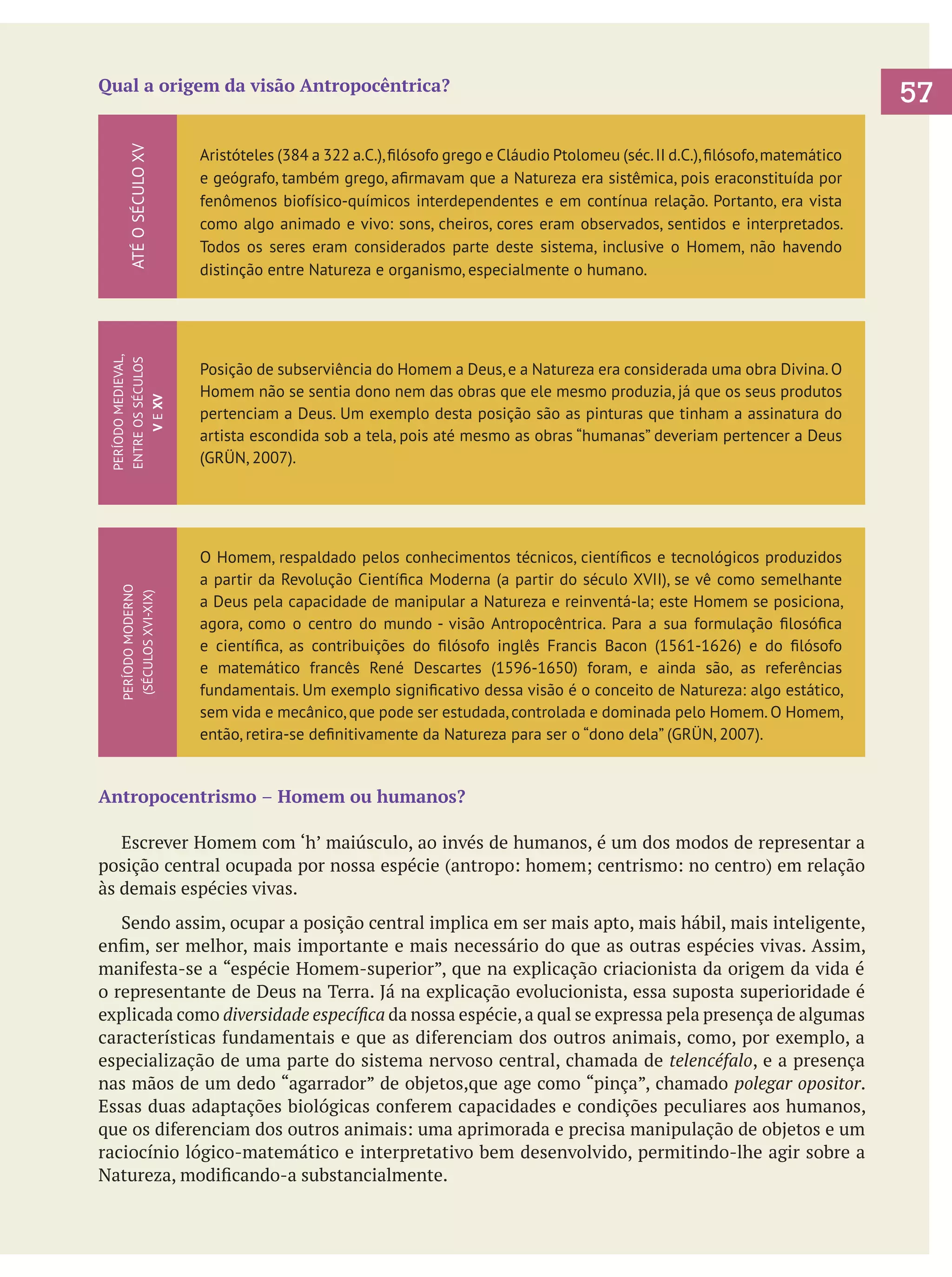ATÉ O SÉCULO XV

Aristóteles (384 a 322 a.C.), filósofo grego e Cláudio Ptolomeu (séc. II d.C.), filósofo, matemático
e geógrafo, também grego, afirmavam que a Natureza era sistêmica, pois eraconstituída por
fenômenos biofísico-químicos interdependentes e em contínua relação. Portanto, era vista
como algo animado e vivo: sons, cheiros, cores eram observados, sentidos e interpretados.
Todos os seres eram considerados parte deste sistema, inclusive o Homem, não havendo
distinção entre Natureza e organismo, especialmente o humano.

PERÍODO MEDIEVAL,
ENTRE OS SÉCULOS
V E XV

Qual a origem da visão Antropocêntrica?

Posição de subserviência do Homem a Deus, e a Natureza era considerada uma obra Divina. O
Homem não se sentia dono nem das obras que ele mesmo produzia, já que os seus produtos
pertenciam a Deus. Um exemplo desta posição são as pinturas que tinham a assinatura do
artista escondida sob a tela, pois até mesmo as obras “humanas” deveriam pertencer a Deus
(GRÜN, 2007).

PERÍODO MODERNO
(SÉCULOS XVI-XIX)

	

O Homem, respaldado pelos conhecimentos técnicos, científicos e tecnológicos produzidos
a partir da Revolução Científica Moderna (a partir do século XVII), se vê como semelhante
a Deus pela capacidade de manipular a Natureza e reinventá-la; este Homem se posiciona,
agora, como o centro do mundo - visão Antropocêntrica. Para a sua formulação filosófica
e científica, as contribuições do filósofo inglês Francis Bacon (1561-1626) e do filósofo
e matemático francês René Descartes (1596-1650) foram, e ainda são, as referências
fundamentais. Um exemplo significativo dessa visão é o conceito de Natureza: algo estático,
sem vida e mecânico, que pode ser estudada, controlada e dominada pelo Homem. O Homem,
então, retira-se definitivamente da Natureza para ser o “dono dela” (GRÜN, 2007).

Antropocentrismo – Homem ou humanos?
	 Escrever Homem com ‘h’ maiúsculo, ao invés de humanos, é um dos modos de representar a
posição central ocupada por nossa espécie (antropo: homem; centrismo: no centro) em relação
às demais espécies vivas.
	 Sendo assim, ocupar a posição central implica em ser mais apto, mais hábil, mais inteligente,
enfim, ser melhor, mais importante e mais necessário do que as outras espécies vivas. Assim,
manifesta-se a “espécie Homem-superior”, que na explicação criacionista da origem da vida é
o representante de Deus na Terra. Já na explicação evolucionista, essa suposta superioridade é
explicada como diversidade específica da nossa espécie, a qual se expressa pela presença de algumas
características fundamentais e que as diferenciam dos outros animais, como, por exemplo, a
especialização de uma parte do sistema nervoso central, chamada de telencéfalo, e a presença
nas mãos de um dedo “agarrador” de objetos,que age como “pinça”, chamado polegar opositor.
Essas duas adaptações biológicas conferem capacidades e condições peculiares aos humanos,
que os diferenciam dos outros animais: uma aprimorada e precisa manipulação de objetos e um
raciocínio lógico-matemático e interpretativo bem desenvolvido, permitindo-lhe agir sobre a
Natureza, modificando-a substancialmente.

57

 