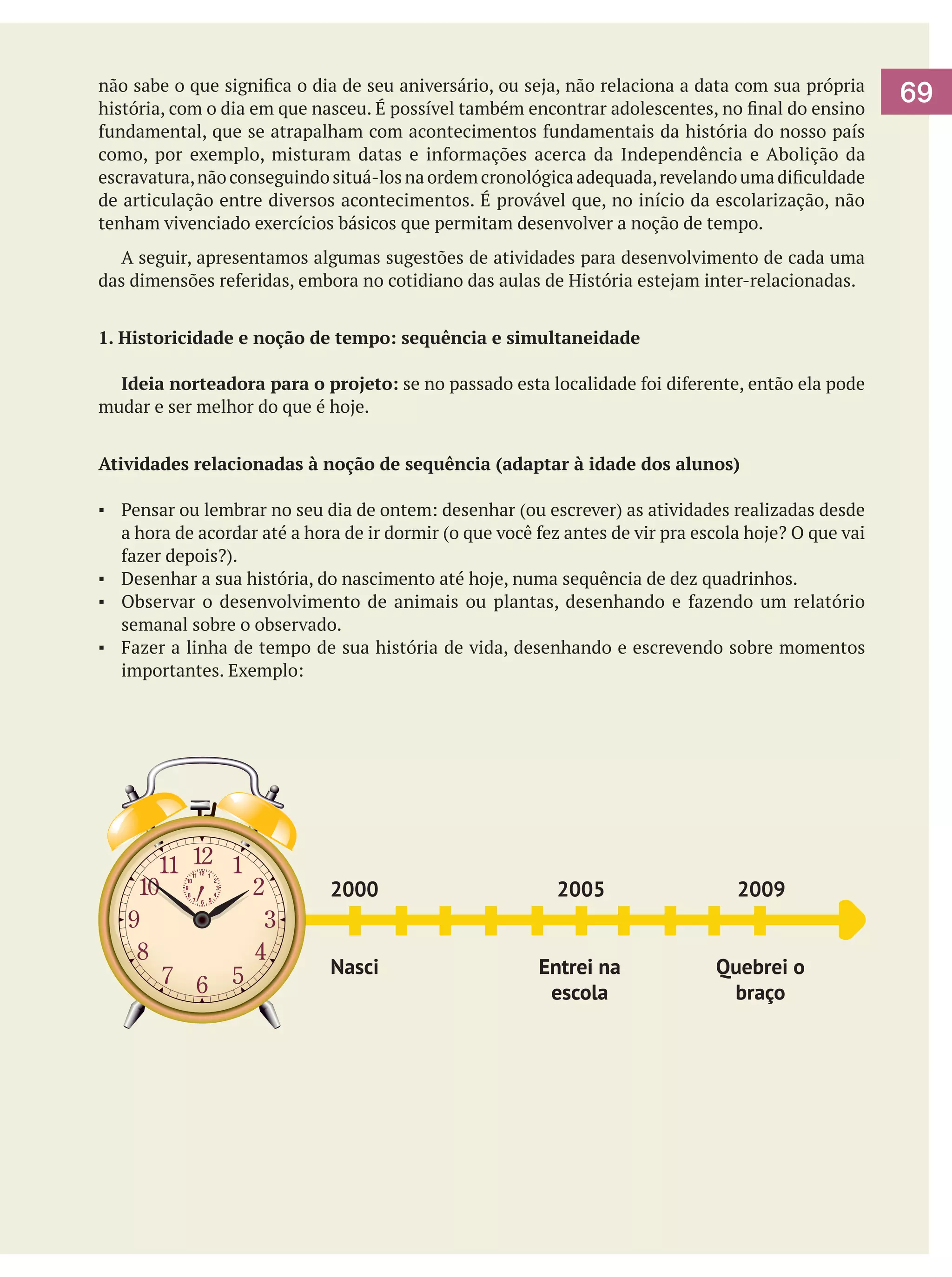 não sabe o que significa o dia de seu aniversário, ou seja, não relaciona a data com sua própria
história, com o dia em que nasceu. É possível também encontrar adolescentes, no final do ensino
fundamental, que se atrapalham com acontecimentos fundamentais da história do nosso país
como, por exemplo, misturam datas e informações acerca da Independência e Abolição da
escravatura, não conseguindo situá-los na ordem cronológica adequada, revelando uma dificuldade
de articulação entre diversos acontecimentos. É provável que, no início da escolarização, não
tenham vivenciado exercícios básicos que permitam desenvolver a noção de tempo.
	 A seguir, apresentamos algumas sugestões de atividades para desenvolvimento de cada uma
das dimensões referidas, embora no cotidiano das aulas de História estejam inter-relacionadas.
1. Historicidade e noção de tempo: sequência e simultaneidade
	 Ideia norteadora para o projeto: se no passado esta localidade foi diferente, então ela pode
mudar e ser melhor do que é hoje.
Atividades relacionadas à noção de sequência (adaptar à idade dos alunos)
▪	 Pensar ou lembrar no seu dia de ontem: desenhar (ou escrever) as atividades realizadas desde
a hora de acordar até a hora de ir dormir (o que você fez antes de vir pra escola hoje? O que vai
fazer depois?).
▪	 Desenhar a sua história, do nascimento até hoje, numa sequência de dez quadrinhos.
▪	 Observar o desenvolvimento de animais ou plantas, desenhando e fazendo um relatório
semanal sobre o observado.
▪	 Fazer a linha de tempo de sua história de vida, desenhando e escrevendo sobre momentos
importantes. Exemplo:

2000

2005

2009

Nasci

Entrei na
escola

Quebrei o
braço

69

 