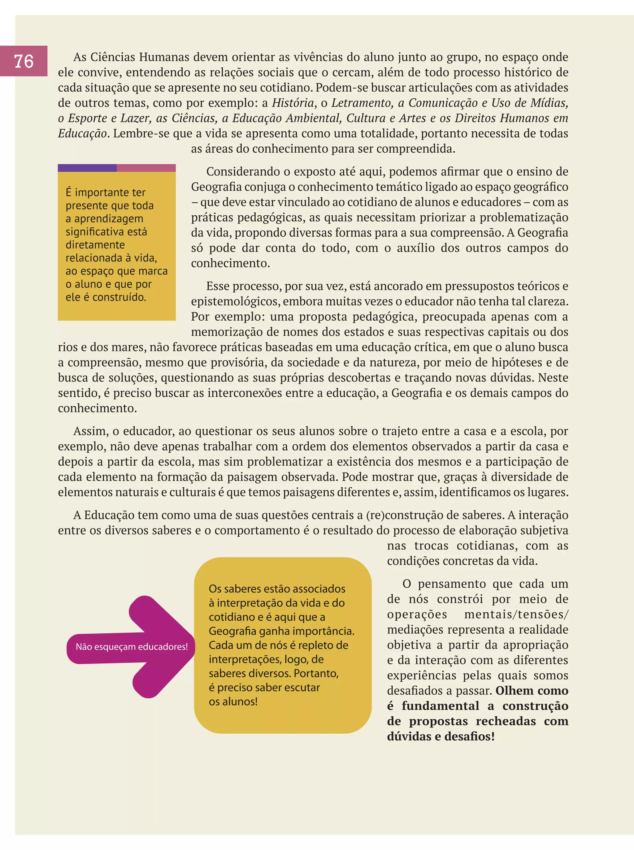 76

	 As Ciências Humanas devem orientar as vivências do aluno junto ao grupo, no espaço onde
ele convive, entendendo as relações sociais que o cercam, além de todo processo histórico de
cada situação que se apresente no seu cotidiano. Podem-se buscar articulações com as atividades
de outros temas, como por exemplo: a História, o Letramento, a Comunicação e Uso de Mídias,
o Esporte e Lazer, as Ciências, a Educação Ambiental, Cultura e Artes e os Direitos Humanos em
Educação. Lembre-se que a vida se apresenta como uma totalidade, portanto necessita de todas
as áreas do conhecimento para ser compreendida.
É importante ter
presente que toda
a aprendizagem
significativa está
diretamente
relacionada à vida,
ao espaço que marca
o aluno e que por
ele é construído.

Considerando o exposto até aqui, podemos afirmar que o ensino de
Geografia conjuga o conhecimento temático ligado ao espaço geográfico
– que deve estar vinculado ao cotidiano de alunos e educadores – com as
práticas pedagógicas, as quais necessitam priorizar a problematização
da vida, propondo diversas formas para a sua compreensão. A Geografia
só pode dar conta do todo, com o auxílio dos outros campos do
conhecimento.

Esse processo, por sua vez, está ancorado em pressupostos teóricos e
epistemológicos, embora muitas vezes o educador não tenha tal clareza.
Por exemplo: uma proposta pedagógica, preocupada apenas com a
memorização de nomes dos estados e suas respectivas capitais ou dos
rios e dos mares, não favorece práticas baseadas em uma educação crítica, em que o aluno busca
a compreensão, mesmo que provisória, da sociedade e da natureza, por meio de hipóteses e de
busca de soluções, questionando as suas próprias descobertas e traçando novas dúvidas. Neste
sentido, é preciso buscar as interconexões entre a educação, a Geografia e os demais campos do
conhecimento.
	 Assim, o educador, ao questionar os seus alunos sobre o trajeto entre a casa e a escola, por
exemplo, não deve apenas trabalhar com a ordem dos elementos observados a partir da casa e
depois a partir da escola, mas sim problematizar a existência dos mesmos e a participação de
cada elemento na formação da paisagem observada. Pode mostrar que, graças à diversidade de
elementos naturais e culturais é que temos paisagens diferentes e, assim, identificamos os lugares.
	 A Educação tem como uma de suas questões centrais a (re)construção de saberes. A interação
entre os diversos saberes e o comportamento é o resultado do processo de elaboração subjetiva
nas trocas cotidianas, com as
condições concretas da vida.

Não esqueçam educadores!

O pensamento que cada um
de nós constrói por meio de
operações mentais/tensões/
mediações representa a realidade
objetiva a partir da apropriação
e da interação com as diferentes
experiências pelas quais somos
desafiados a passar. Olhem como
é fundamental a construção
de propostas recheadas com
dúvidas e desafios!

 