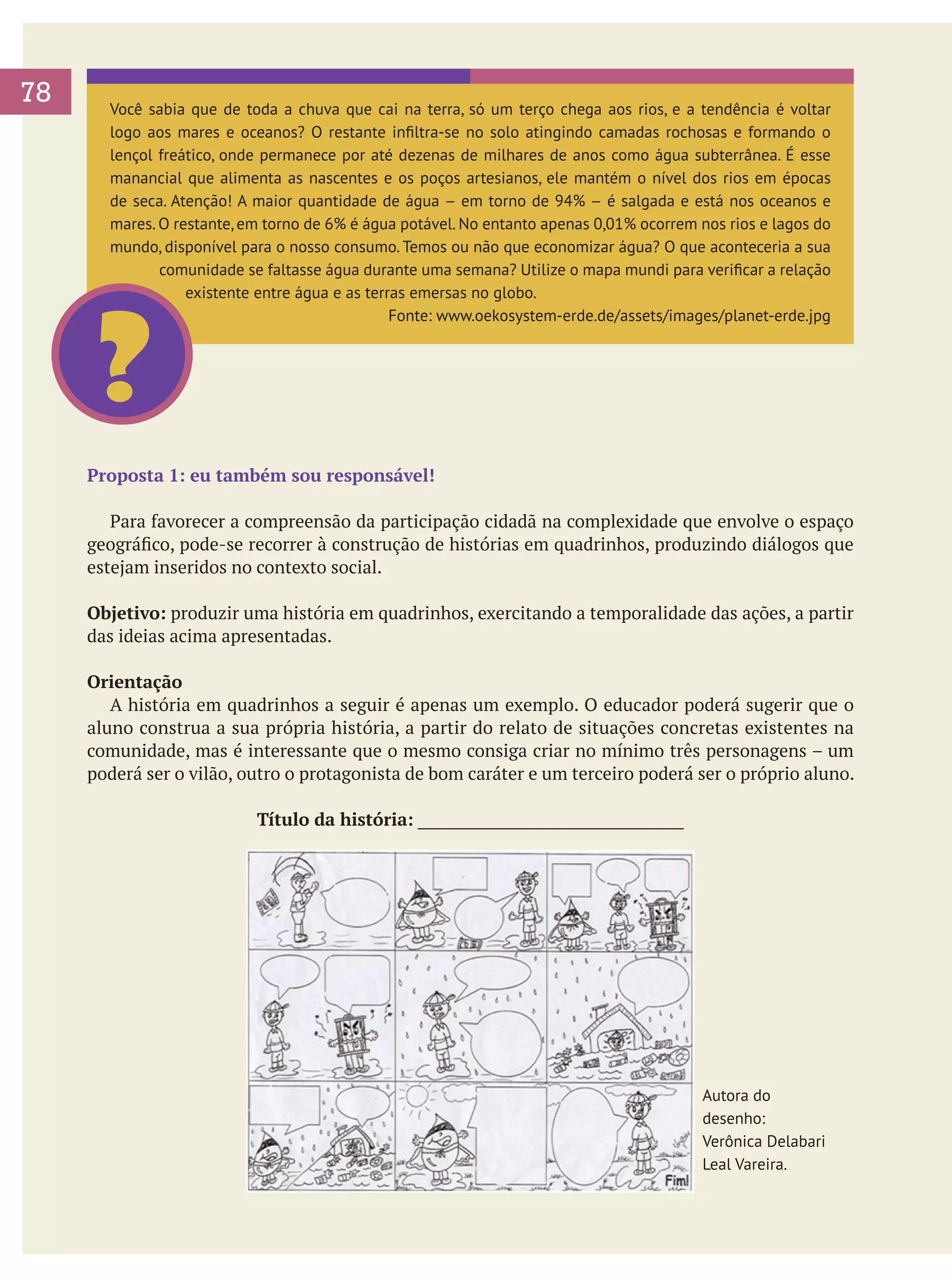 78

Você sabia que de toda a chuva que cai na terra, só um terço chega aos rios, e a tendência é voltar
logo aos mares e oceanos? O restante infiltra-se no solo atingindo camadas rochosas e formando o
lençol freático, onde permanece por até dezenas de milhares de anos como água subterrânea. É esse
manancial que alimenta as nascentes e os poços artesianos, ele mantém o nível dos rios em épocas
de seca. Atenção! A maior quantidade de água – em torno de 94% – é salgada e está nos oceanos e
mares. O restante, em torno de 6% é água potável. No entanto apenas 0,01% ocorrem nos rios e lagos do
mundo, disponível para o nosso consumo. Temos ou não que economizar água? O que aconteceria a sua
comunidade se faltasse água durante uma semana? Utilize o mapa mundi para verificar a relação
existente entre água e as terras emersas no globo.
Fonte: www.oekosystem-erde.de/assets/images/planet-erde.jpg

?

Proposta 1: eu também sou responsável!
	 Para favorecer a compreensão da participação cidadã na complexidade que envolve o espaço
geográfico, pode-se recorrer à construção de histórias em quadrinhos, produzindo diálogos que
estejam inseridos no contexto social.
Objetivo: produzir uma história em quadrinhos, exercitando a temporalidade das ações, a partir
das ideias acima apresentadas.
Orientação
	 A história em quadrinhos a seguir é apenas um exemplo. O educador poderá sugerir que o
aluno construa a sua própria história, a partir do relato de situações concretas existentes na
comunidade, mas é interessante que o mesmo consiga criar no mínimo três personagens – um
poderá ser o vilão, outro o protagonista de bom caráter e um terceiro poderá ser o próprio aluno.
Título da história: ____________________________________

Autora do
desenho:
Verônica Delabari
Leal Vareira.

 