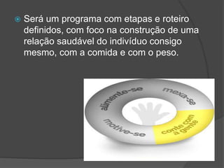  Será um programa com etapas e roteiro
definidos, com foco na construção de uma
relação saudável do indivíduo consigo
mesmo, com a comida e com o peso.
 