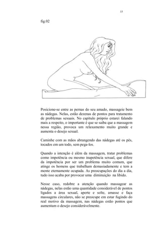 14 
Fig.01 
Observe a figura. Nesse momento a massagem realmente 
começa, pela panturrilha.Quando se massageia a 
panturrilha, uma quantidade enorme de tensão se solta e o 
corpo todo relaxa, portanto massageie bem, uma, depois 
outra, sempre repetindo os movimentos longos com as 
mãos, abrangendo todo o corpo, detendo-se mais nas 
pernas. 
 