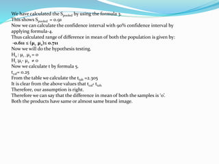 We have calculated the Spooled by using the formula 3.
This shows Spooled = 0.91
Now we can calculate the confidence interval with 90% confidence interval by
applying formula-4.
Thus calculated range of difference in mean of both the population is given by:
-0.611 ≤ (µ1 -µ2)≤ 0.711
Now we will do the hypothesis testing.
H0 : µ1 - µ2 = 0
H1 :µ1- µ2 ≠ 0
Now we calculate t by formula 5.
tcal= 0.25
From the table we calculate the ttab =2.305
It is clear from the above values that tcal‹ ttab.
Therefore, our assumption is right.
Therefore we can say that the difference in mean of both the samples is ‘0’.
Both the products have same or almost same brand image.
 