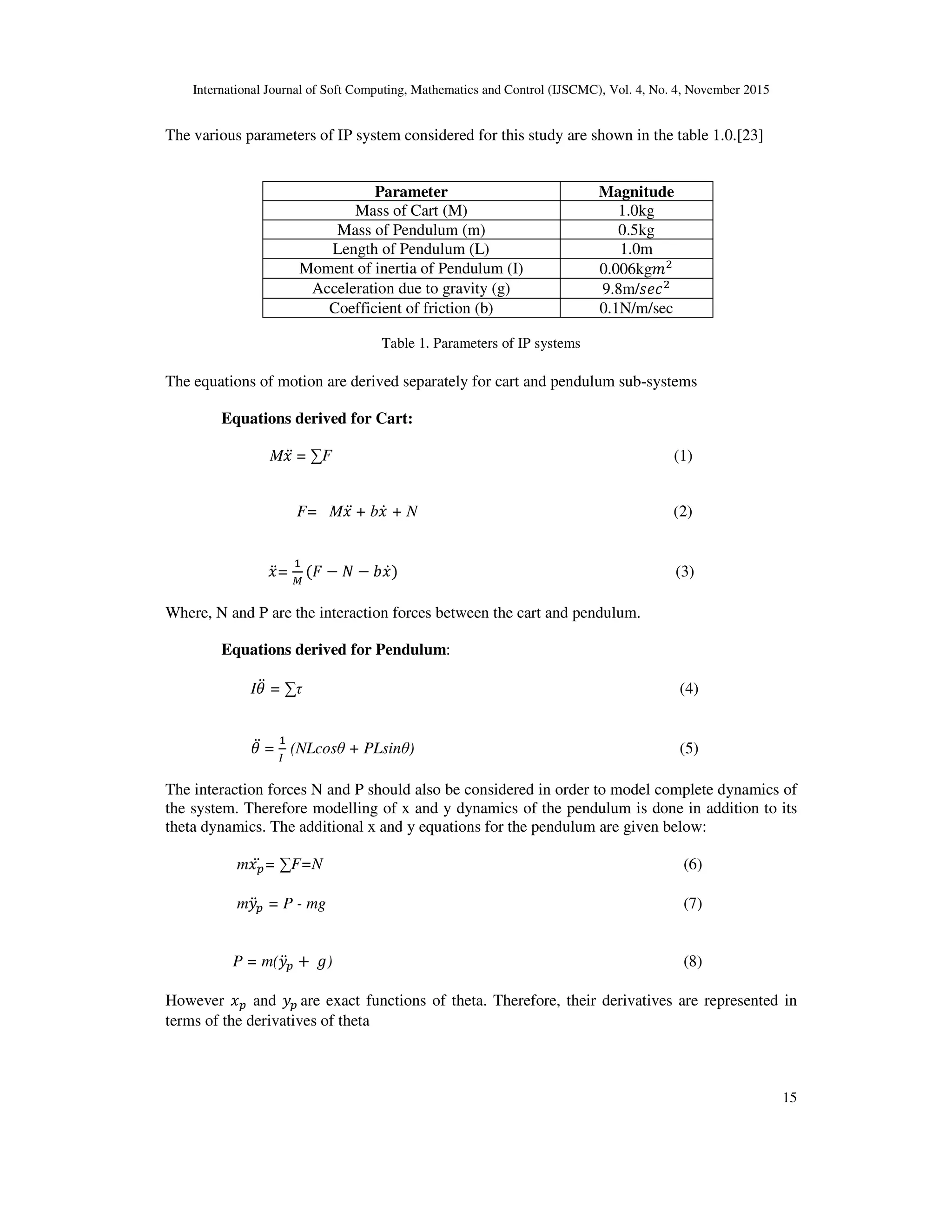 International Journal of Soft Computing, Mathematics and Control (IJSCMC), Vol. 4, No. 4, November 2015
15
The various parameters of IP system considered for this study are shown in the table 1.0.[23]
Parameter Magnitude
Mass of Cart (M) 1.0kg
Mass of Pendulum (m) 0.5kg
Length of Pendulum (L) 1.0m
Moment of inertia of Pendulum (I) 0.006kg
Acceleration due to gravity (g) 9.8m/
Coefficient of friction (b) 0.1N/m/sec
Table 1. Parameters of IP systems
The equations of motion are derived separately for cart and pendulum sub-systems
Equations derived for Cart:
M 	= ∑F (1)
F= M 	+ b + N (2)
= ( − − ) (3)
Where, N and P are the interaction forces between the cart and pendulum.
Equations derived for Pendulum:
I = ∑τ (4)
	=
	
(NLcosθ + PLsinθ) (5)
The interaction forces N and P should also be considered in order to model complete dynamics of
the system. Therefore modelling of x and y dynamics of the pendulum is done in addition to its
theta dynamics. The additional x and y equations for the pendulum are given below:
m = ∑F=N (6)
m = P - mg (7)
P = m( + 	 ) (8)
However and 	are exact functions of theta. Therefore, their derivatives are represented in
terms of the derivatives of theta
 
