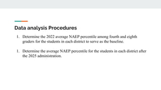 1. Determine the 2022 average NAEP percentile among fourth and eighth
graders for the students in each district to serve as the baseline.
1. Determine the average NAEP percentile for the students in each district after
the 2025 administration.
Data analysis Procedures
 