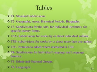 Tables
 T1- Standard Subdivisions.
 T2- Geographic Areas, Historical Periods, Biography.
 T3- Subdivisions for the Arts, for Individual literatures, for
specific literary forms.
 T3A- Subdivisions for works by or about individual authors.
 T3B- subdivisions for works by or about more then one author.
 T3C- Notation to added where instructed in T3B.
 T4- Subdivisions for Individual Language and Language
families.
 T5- Ethnic and National Groups.
 T6- Languages. 21
 