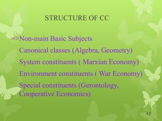 STRUCTURE OF CC
=>Non-main Basic Subjects
Canonical classes (Algebra, Geometry)
System constituents ( Marxian Economy)
Environment constituents ( War Economy)
Special constituents (Gerontology,
Cooperative Economics)
42
 