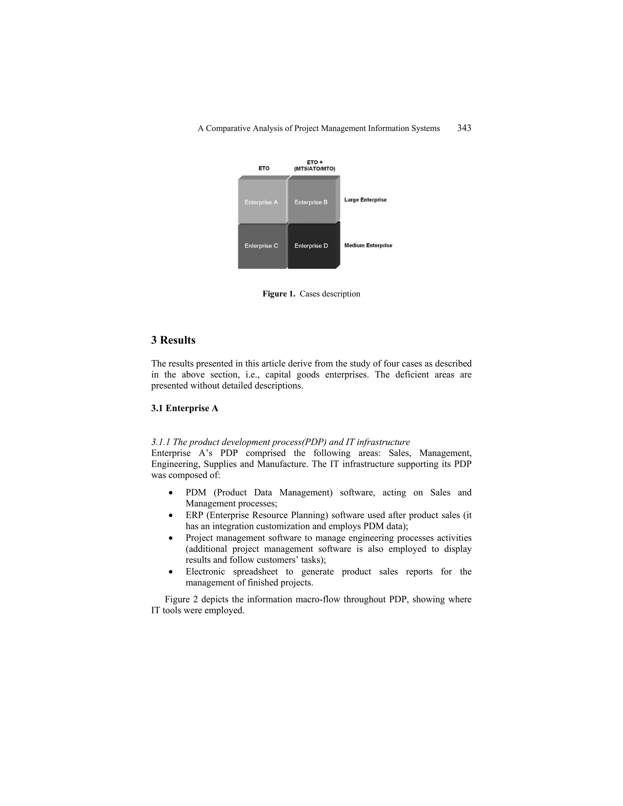 A Comparative Analysis of Project Management Information Systems 343
Figure 1. Cases description
3 Results
The results presented in this article derive from the study of four cases as described
in the above section, i.e., capital goods enterprises. The deficient areas are
presented without detailed descriptions.
3.1 Enterprise A
3.1.1 The product development process(PDP) and IT infrastructure
Enterprise A’s PDP comprised the following areas: Sales, Management,
Engineering, Supplies and Manufacture. The IT infrastructure supporting its PDP
was composed of:
• PDM (Product Data Management) software, acting on Sales and
Management processes;
• ERP (Enterprise Resource Planning) software used after product sales (it
has an integration customization and employs PDM data);
• Project management software to manage engineering processes activities
(additional project management software is also employed to display
results and follow customers’ tasks);
• Electronic spreadsheet to generate product sales reports for the
management of finished projects.
Figure 2 depicts the information macro-flow throughout PDP, showing where
IT tools were employed.
 