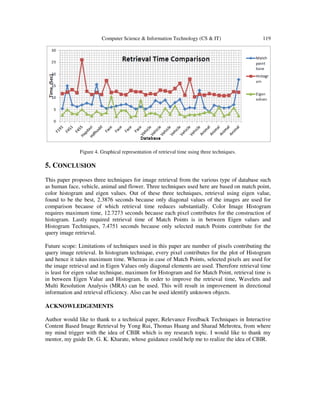 Computer Science & Information Technology (CS & IT) 119
Figure 4. Graphical representation of retrieval time using three techniques.
5. CONCLUSION
This paper proposes three techniques for image retrieval from the various type of database such
as human face, vehicle, animal and flower. Three techniques used here are based on match point,
color histogram and eigen values. Out of these three techniques, retrieval using eigen value,
found to be the best, 2.3876 seconds because only diagonal values of the images are used for
comparison because of which retrieval time reduces substantially. Color Image Histogram
requires maximum time, 12.7273 seconds because each pixel contributes for the construction of
histogram. Lastly required retrieval time of Match Points is in between Eigen values and
Histogram Techniques, 7.4751 seconds because only selected match Points contribute for the
query image retrieval.
Future scope: Limitations of techniques used in this paper are number of pixels contributing the
query image retrieval. In histogram technique, every pixel contributes for the plot of Histogram
and hence it takes maximum time. Whereas in case of Match Points, selected pixels are used for
the image retrieval and in Eigen Values only diagonal elements are used. Therefore retrieval time
is least for eigen value technique, maximum for Histogram and for Match Point, retrieval time is
in between Eigen Value and Histogram. In order to improve the retrieval time, Wavelets and
Multi Resolution Analysis (MRA) can be used. This will result in improvement in directional
information and retrieval efficiency. Also can be used identify unknown objects.
ACKNOWLEDGEMENTS
Author would like to thank to a technical paper, Relevance Feedback Techniques in Interactive
Content Based Image Retrieval by Yong Rui, Thomas Huang and Sharad Mehrotra, from where
my mind trigger with the idea of CBIR which is my research topic. I would like to thank my
mentor, my guide Dr. G. K. Kharate, whose guidance could help me to realize the idea of CBIR.
 