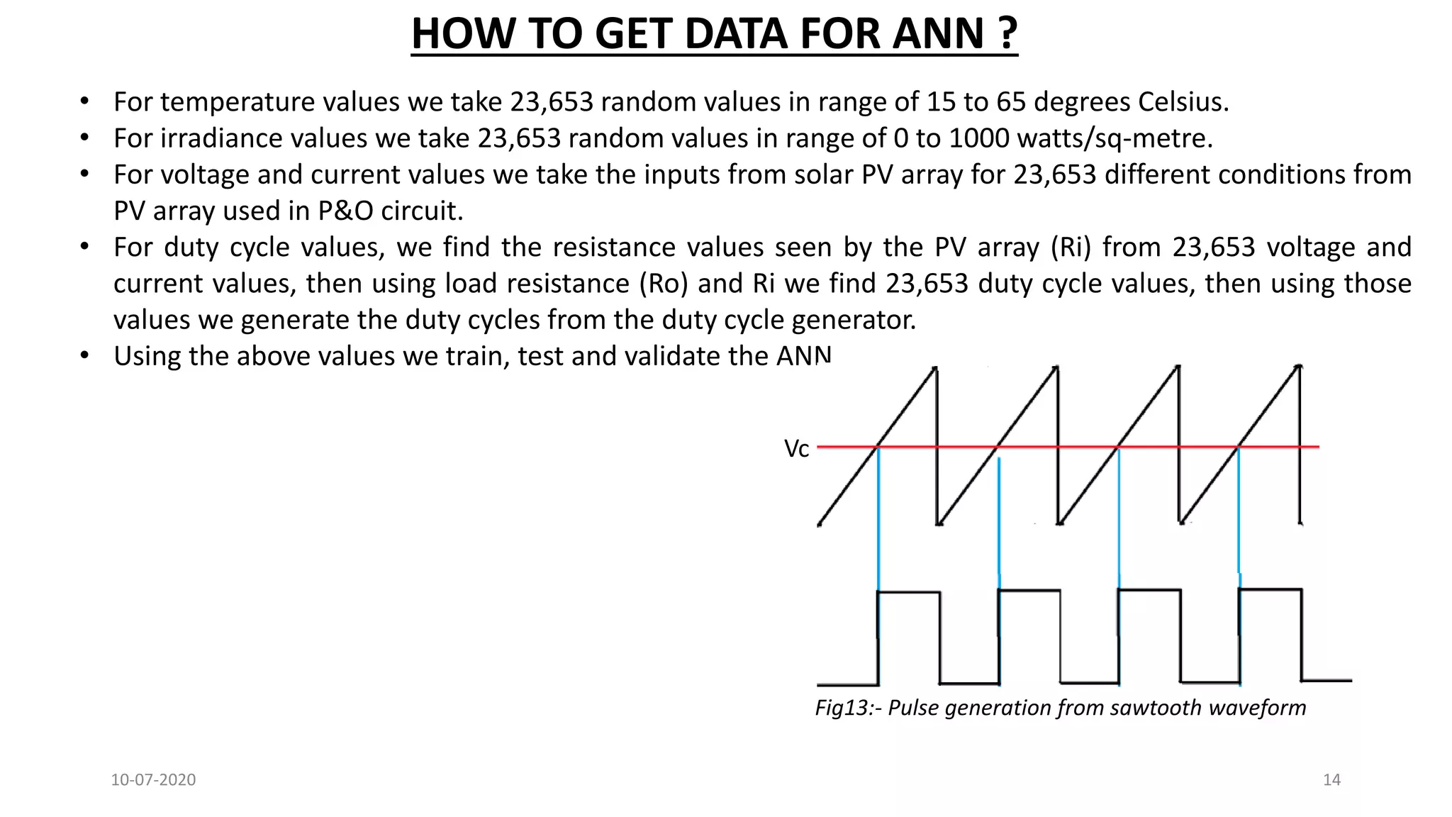 10-07-2020 14
• For temperature values we take 23,653 random values in range of 15 to 65 degrees Celsius.
• For irradiance values we take 23,653 random values in range of 0 to 1000 watts/sq-metre.
• For voltage and current values we take the inputs from solar PV array for 23,653 different conditions from
PV array used in P&O circuit.
• For duty cycle values, we find the resistance values seen by the PV array (Ri) from 23,653 voltage and
current values, then using load resistance (Ro) and Ri we find 23,653 duty cycle values, then using those
values we generate the duty cycles from the duty cycle generator.
• Using the above values we train, test and validate the ANN
HOW TO GET DATA FOR ANN ?
Fig13:- Pulse generation from sawtooth waveform
Vc
 