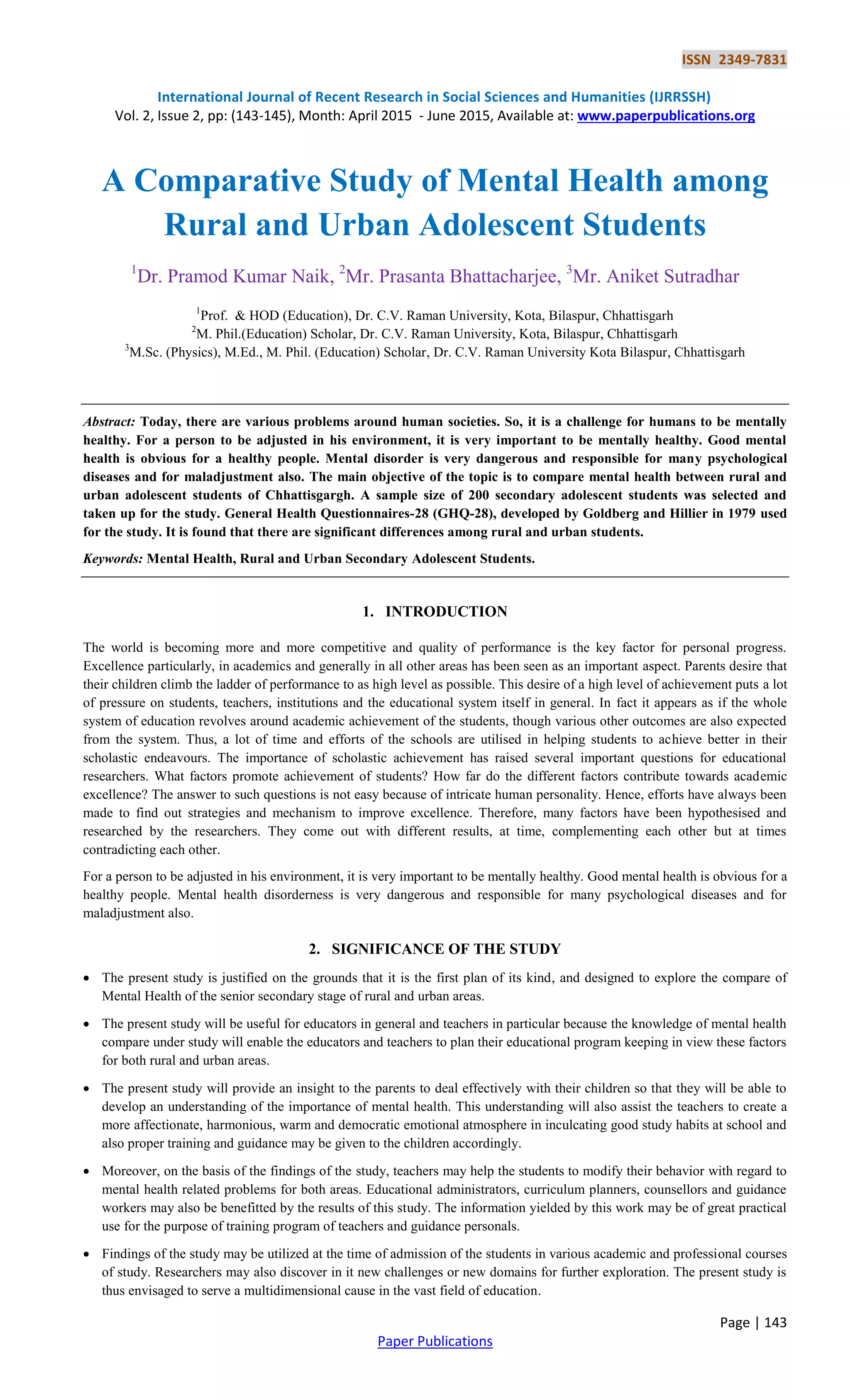A Comparative Study of Mental Health among Rural and Urban Adolescent ...