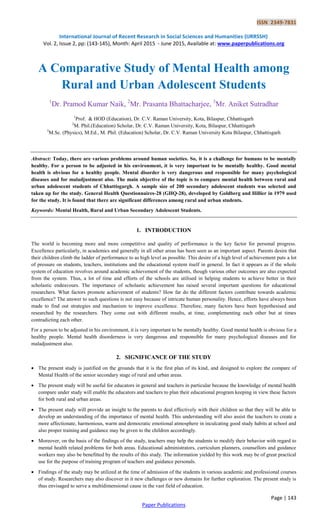 A Comparative Study of Mental Health among Rural and Urban Adolescent ...