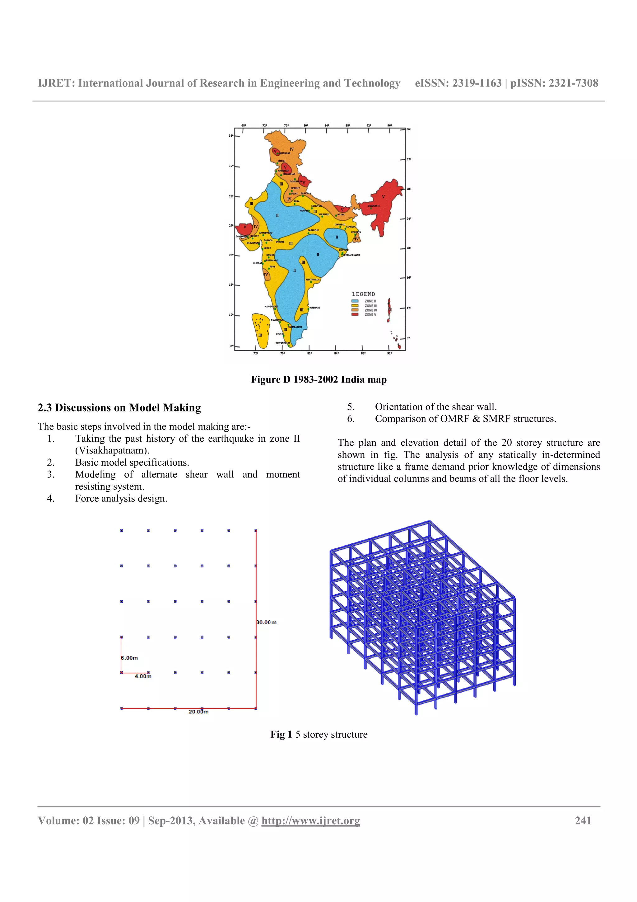 IJRET: International Journal of Research in Engineering and Technology eISSN: 2319-1163 | pISSN: 2321-7308
__________________________________________________________________________________________
Volume: 02 Issue: 09 | Sep-2013, Available @ http://www.ijret.org 241
Figure D 1983-2002 India map
2.3 Discussions on Model Making
The basic steps involved in the model making are:-
1. Taking the past history of the earthquake in zone II
(Visakhapatnam).
2. Basic model specifications.
3. Modeling of alternate shear wall and moment
resisting system.
4. Force analysis design.
5. Orientation of the shear wall.
6. Comparison of OMRF & SMRF structures.
The plan and elevation detail of the 20 storey structure are
shown in fig. The analysis of any statically in-determined
structure like a frame demand prior knowledge of dimensions
of individual columns and beams of all the floor levels.
Fig 1 5 storey structure
 