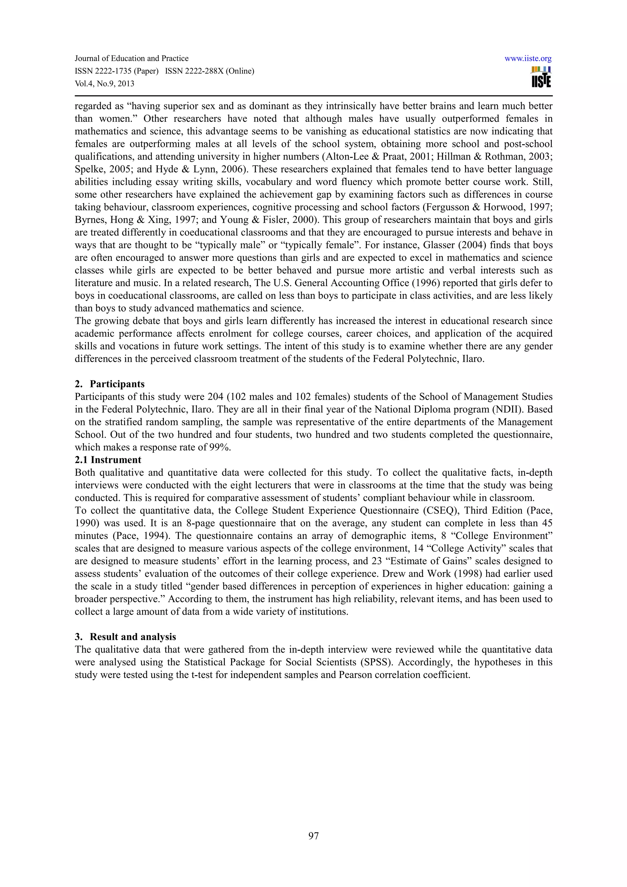 A comparative study of the classroom treatment of male and female ...