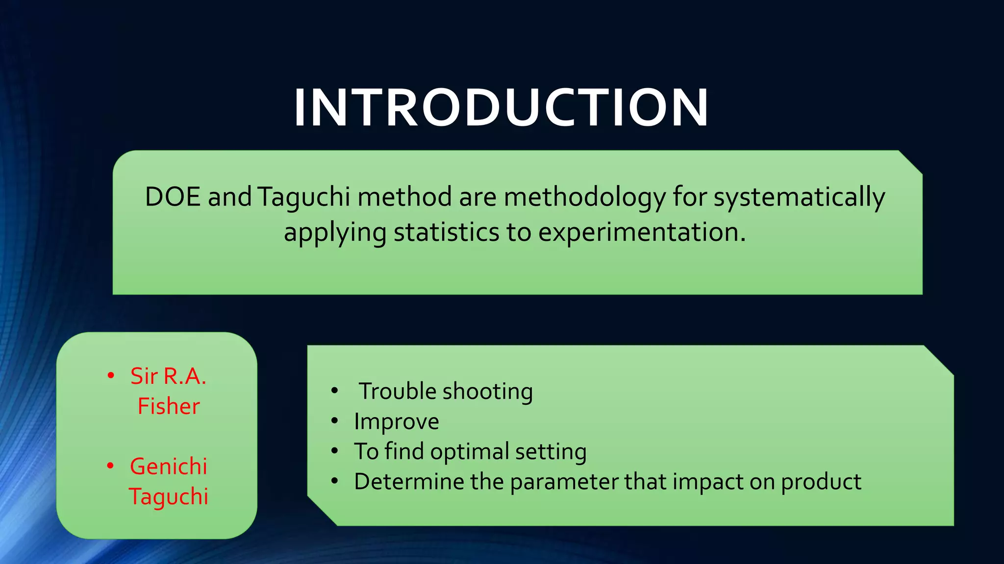 INTRODUCTION
DOE andTaguchi method are methodology for systematically
applying statistics to experimentation.
• Sir R.A.
Fisher
• Genichi
Taguchi
• Trouble shooting
• Improve
• To find optimal setting
• Determine the parameter that impact on product
 