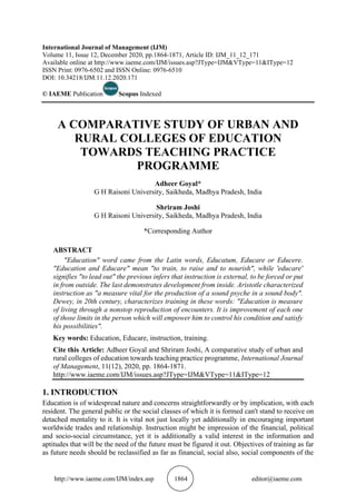 A COMPARATIVE STUDY OF URBAN AND RURAL COLLEGES OF EDUCATION TOWARDS ...