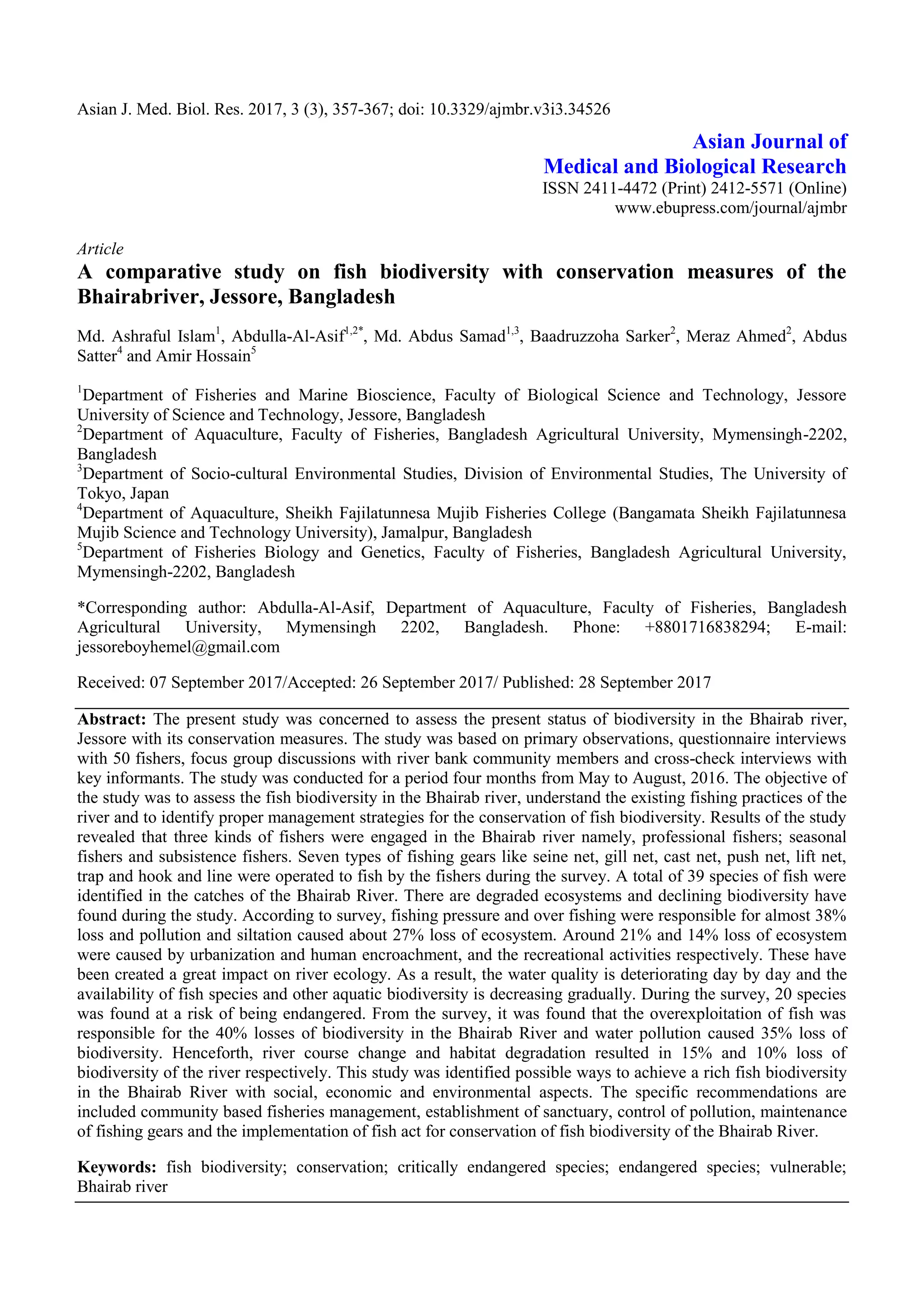 A comparative study on fish biodiversity with conservation measures of ...