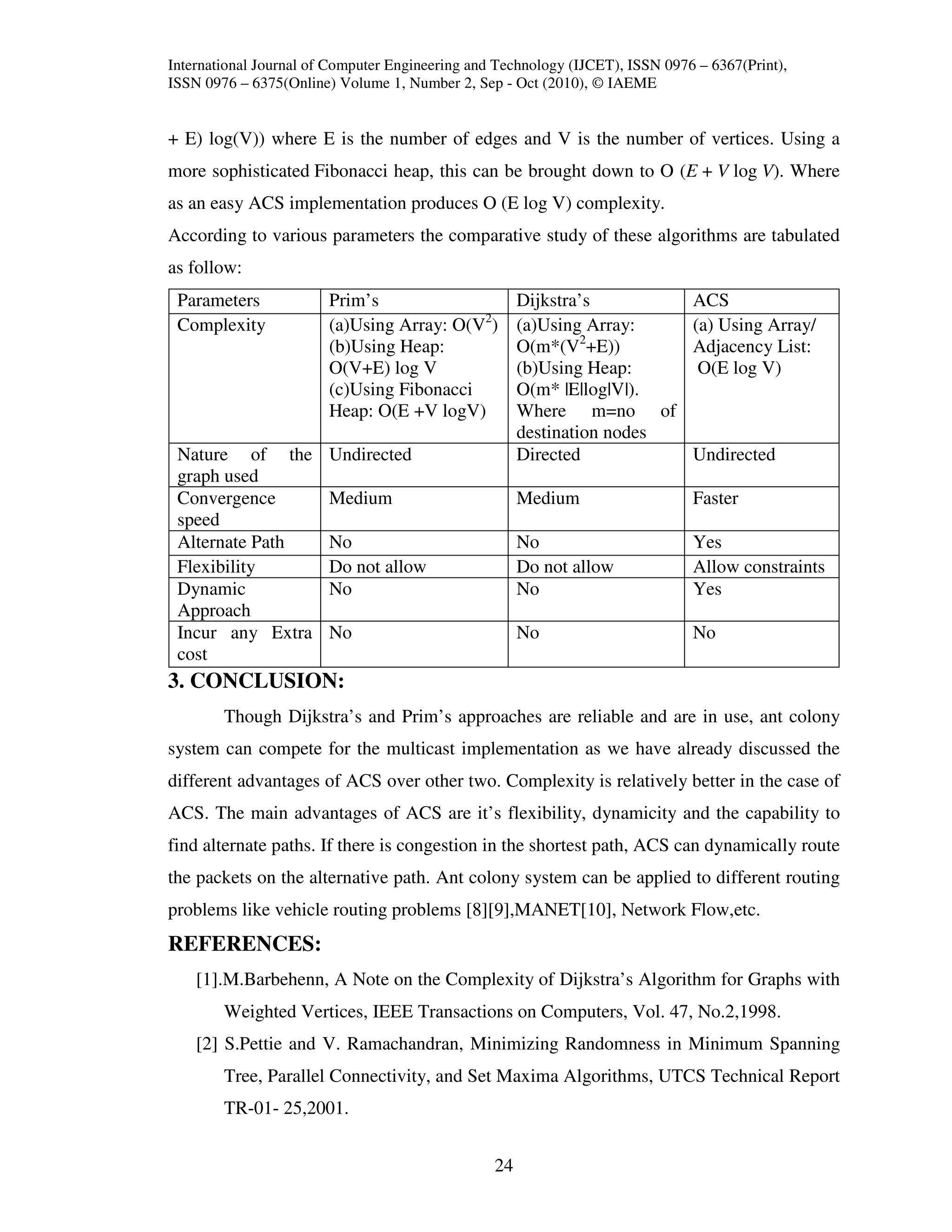 International Journal of Computer Engineering and Technology (IJCET), ISSN 0976 – 6367(Print),
ISSN 0976 – 6375(Online) Volume 1, Number 2, Sep - Oct (2010), © IAEME


+ E) log(V)) where E is the number of edges and V is the number of vertices. Using a
more sophisticated Fibonacci heap, this can be brought down to O (E + V log V). Where
as an easy ACS implementation produces O (E log V) complexity.
According to various parameters the comparative study of these algorithms are tabulated
as follow:
 Parameters             Prim’s                        Dijkstra’s        ACS
 Complexity             (a)Using Array: O(V2)         (a)Using Array:   (a) Using Array/
                        (b)Using Heap:                O(m*(V2+E))       Adjacency List:
                        O(V+E) log V                  (b)Using Heap:     O(E log V)
                        (c)Using Fibonacci            O(m* |E|log|V|).
                        Heap: O(E +V logV)            Where m=no of
                                                      destination nodes
 Nature of the          Undirected                    Directed          Undirected
 graph used
 Convergence            Medium                        Medium                   Faster
 speed
 Alternate Path         No                            No                       Yes
 Flexibility            Do not allow                  Do not allow             Allow constraints
 Dynamic                No                            No                       Yes
 Approach
 Incur any Extra        No                            No                       No
 cost
3. CONCLUSION:
        Though Dijkstra’s and Prim’s approaches are reliable and are in use, ant colony
system can compete for the multicast implementation as we have already discussed the
different advantages of ACS over other two. Complexity is relatively better in the case of
ACS. The main advantages of ACS are it’s flexibility, dynamicity and the capability to
find alternate paths. If there is congestion in the shortest path, ACS can dynamically route
the packets on the alternative path. Ant colony system can be applied to different routing
problems like vehicle routing problems [8][9],MANET[10], Network Flow,etc.
REFERENCES:
    [1].M.Barbehenn, A Note on the Complexity of Dijkstra’s Algorithm for Graphs with
        Weighted Vertices, IEEE Transactions on Computers, Vol. 47, No.2,1998.
    [2] S.Pettie and V. Ramachandran, Minimizing Randomness in Minimum Spanning
        Tree, Parallel Connectivity, and Set Maxima Algorithms, UTCS Technical Report
        TR-01- 25,2001.


                                                 24
 