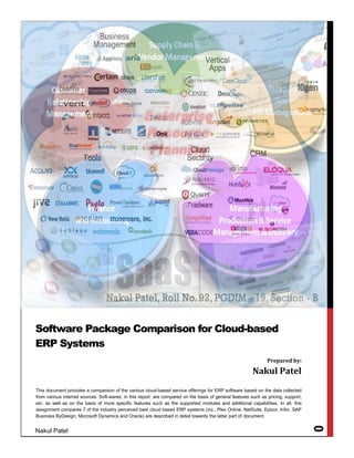 Nakul Patel
0
This document provides a comparison of the various cloud-based service offerings for ERP software based on the data collected
from various internet sources. Soft-wares, in this report, are compared on the basis of general features such as pricing, support,
etc. as well as on the basis of more specific features such as the supported modules and additional capabilities. In all, this
assignment compares 7 of the industry perceived best cloud based ERP systems (viz., Plex Online, NetSuite, Epicor, Infor, SAP
Business ByDesign, Microsoft Dynamics and Oracle) are described in detail towards the latter part of document.
Software Package Comparison for Cloud-based
ERP Systems
Prepared by:
Nakul Patel
 