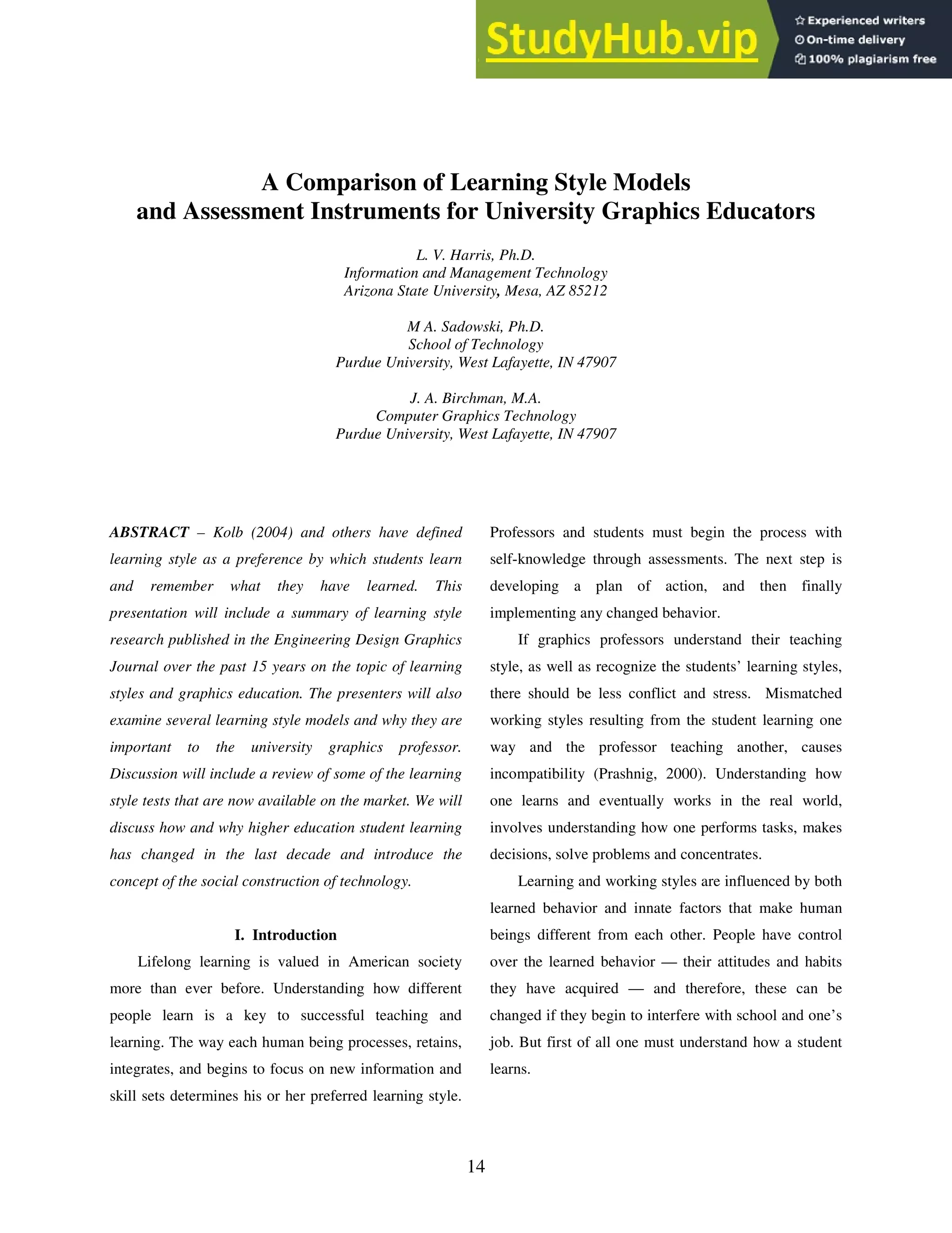 A Comparison Of Learning Style Models And Assessment Instruments For ...