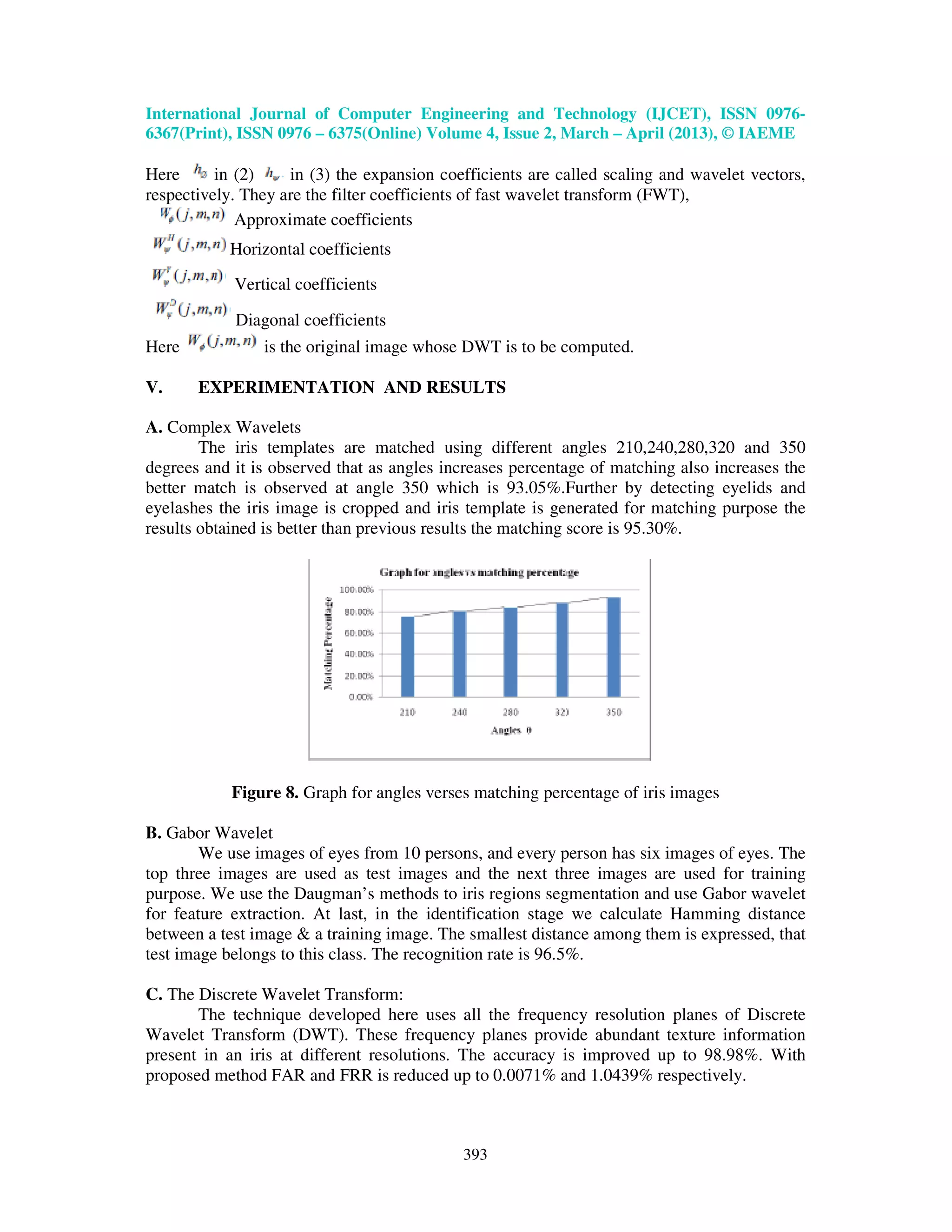 International Journal of Computer Engineering and Technology (IJCET), ISSN 0976- 6367(Print), ISSN 0976 – 6375(Online) Volume 4, Issue 2, March – April (2013), © IAEME 393 Here in (2) in (3) the expansion coefficients are called scaling and wavelet vectors, respectively. They are the filter coefficients of fast wavelet transform (FWT), Approximate coefficients Horizontal coefficients Vertical coefficients Diagonal coefficients Here is the original image whose DWT is to be computed. V. EXPERIMENTATION AND RESULTS A. Complex Wavelets The iris templates are matched using different angles 210,240,280,320 and 350 degrees and it is observed that as angles increases percentage of matching also increases the better match is observed at angle 350 which is 93.05%.Further by detecting eyelids and eyelashes the iris image is cropped and iris template is generated for matching purpose the results obtained is better than previous results the matching score is 95.30%. Figure 8. Graph for angles verses matching percentage of iris images B. Gabor Wavelet We use images of eyes from 10 persons, and every person has six images of eyes. The top three images are used as test images and the next three images are used for training purpose. We use the Daugman’s methods to iris regions segmentation and use Gabor wavelet for feature extraction. At last, in the identification stage we calculate Hamming distance between a test image & a training image. The smallest distance among them is expressed, that test image belongs to this class. The recognition rate is 96.5%. C. The Discrete Wavelet Transform: The technique developed here uses all the frequency resolution planes of Discrete Wavelet Transform (DWT). These frequency planes provide abundant texture information present in an iris at different resolutions. The accuracy is improved up to 98.98%. With proposed method FAR and FRR is reduced up to 0.0071% and 1.0439% respectively. 