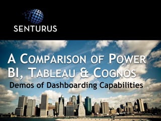 A COMPARISON OF POWER
BI, TABLEAU & COGNOS
Demos of Dashboarding Capabilities
 