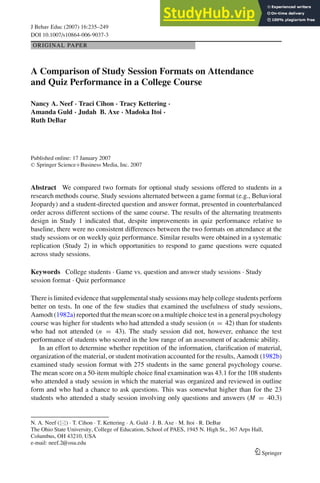 A Comparison Of Study Session Formats On Attendance And Quiz ...