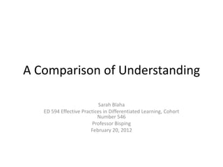 A Comparison of Understanding

                            Sarah Blaha
   ED 594 Effective Practices in Differentiated Learning, Cohort
                           Number 546
                        Professor Bisping
                        February 20, 2012
 