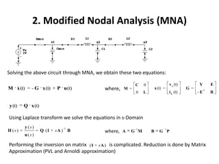 2. Modified Nodal Analysis (MNA)



Solving the above circuit through MNA, we obtain these two equations:

                                                          C    0                 v c (t)         Y        E
  
M x (t) = - G x (t) + P u (t)              where,   M =                x (t) =             G =        T
                                                          0    L                 i L (t)         -E       R


y (t)     Q x (t)

Using Laplace transform we solve the equations in s-Domain
          y(s)               -1                           -1                 1
H (s) =          = Q (1 + s A ) B          where, A    G M         B      G P
          u(s)

Performing the inversion on matrix (1 + s A ) is complicated. Reduction is done by Matrix
Approximation (PVL and Arnoldi approximation)
 