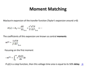 Moment Matching

Maclaurin expansion of the transfer function (Taylor’s expansion around s=0)




The coefficients of this expansion are known as central moments




 Focusing on the first moment




  If y(t) is a step function, then this voltage-time area is equal to its 50% delay →
 