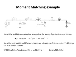 Moment Matching example

             Rmos                R1                  L1                            R2         L2
            6.631k            1037.82k            884.5pH                          =R1       =L1

   +                                                                                                    C2
       Vs                Cmos                             C1
       1V               2.1fF                                                                           =C1
                                                     0.0053pF
   -




Using MNA and PVL approximation, we calculate the transfer function H(s) upto 3 terms:
                                          -8                       -16        2
              H ( s ) = 1 - (1.656 × 10        ) s + (2.743 × 10         )s

Using Moment Matching of Maclaurin Series, we calculate the first moment m(1) =16.56 ns.
i.e. 50 % delay = 16.56 ns.

SPICE Simulation Results show this to be 13.59 ns.                                (error of 21.86 %.)
 