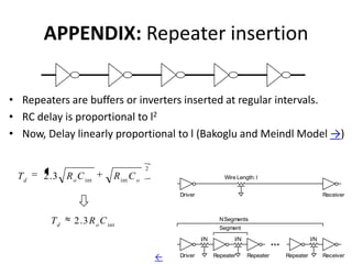 APPENDIX: Repeater insertion

• Repeaters are buffers or inverters inserted at regular intervals.
• RC delay is proportional to l2
• Now, Delay linearly proportional to l (Bakoglu and Meindl Model →)

                                          2
 Td    2 . 3 R o C int        R int C o                              Wire Length: l


                                                  Driver                                                   Receiver



         Td     2 . 3 R o C int                                    N Segments
                                                                   Segment
                                                           l/N           l/N                         l/N


                                              ←   Driver         Repeater      Repeater   Repeater         Receiver
 