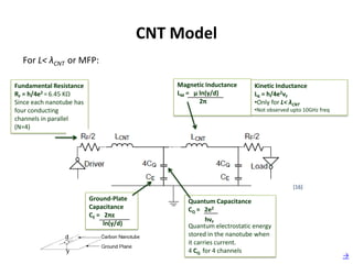 CNT Model
  For L< λCNT or MFP:

Fundamental Resistance                       Magnetic Inductance      Kinetic Inductance
RF = h/4e2 = 6.45 KΩ                         LM = μ ln(y/d)           LK = h/4e2vF
Since each nanotube has                             2π                •Only for L< λCNT
four conducting                                                       •Not observed upto 10GHz freq
channels in parallel
(N=4)




                                                                                    [16]

                          Ground-Plate          Quantum Capacitance
                          Capacitance           CQ = 2e2
                          CE = 2πε
                                                       hvF
                               ln(y/d)          Quantum electrostatic energy
                                                stored in the nanotube when
                                                it carries current.
                                                4 CQ for 4 channels
                                                                                                      →
 