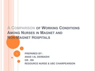A Comparison of Working ConditionsAmong Nurses in Magnet andNon-Magnet Hospitals PREPARED BY : ANAS I AL DERBASHI OR . RN RESOURCE NURSE & UBC CHAIRPEARSON 1 