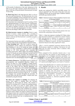 International Journal of Science and Research (IJSR)
ISSN (Online): 2319-7064
Index Copernicus Value (2013): 6.14 | Impact Factor (2013): 4.438
Volume 4 Issue 4, April 2015
www.ijsr.net
Licensed Under Creative Commons Attribution CC BY
of 60 seconds of submersion of the limb. Submersion of the
limb in ice cold water increases systolic blood pressure by
about 10-20 mm of Hg and diastolic blood pressure by about
10 mm of Hg.
II. Hand Grip Test: In the hand grip test, there is a rise in
heart rate and blood pressure. The blood pressure rise is due
to increased sympathetic activity and heart rate rise is due to
decreased parasympathetic activity. Subject was made to lie
down in semi recumbent position.
ECG electrodes were connected for lead II recording of ECG
and sphygmomanometer for blood pressure measurement.
Basal heart rate and blood pressure were recorded. Subject
was asked to maintain a pressure of 30% of the maximum
activity in the hand grip dynamometer for about 5 minutes.
Heart rate and change in SBP, DBP were recorded.
III. Blood pressure response to standing: Patient is again
allowed to assume a supine position, and a recording of
blood pressure is done in the supine position. Patient is then
asked to stand up and blood pressure is recorded at 0 and 1
minute intervals.
The Autonomic function tests which were performed to
assess the cardiovascular parasympathetic functional status:
I. Deep breathing test - This test is used to assess the
parasympathetic activity. Subject was instructed to maintain
deep breathing at a rate of six breaths per minute and was
made to lie down comfortably in supine position with head
elevated to 300
. ECG electrodes were connected for
recording Lead II ECG. While subject was breathing deeply
at a rate of 6 breaths per minute (allowing 5 seconds each for
inspiration and expiration) maximum and minimum heart
rates were recorded with each respiratory cycle. Expiration to
inspiration ratio was determined by using the formula.
II. Valsalva Manoeuver - The valsalva ratio is a measure of
parasympathetic and sympathetic functions. Subject was
made to lie down in a semi recumbent or sitting position.
Nostrils were closed manually. Mouth piece was put into the
mouth of the subject and the Mercury manometer was
connected to the mouth piece. ECG machine was switched on
for continuous recording. Subject was asked to exhale
forcefully into the mercury manometer and asked to maintain
the expiratory pressure at 40 mm of Hg for 10 – 15 seconds.
ECG changes were recorded throughout the procedure, 30
seconds before and after the procedure. Valsalva ratio were
calculated by using the formula.
III. Heart rate response to standing: On changing the
posture from supine to standing heart rate increases
immediately by 10-20 beats per minute. This response is
detected by recording ECG in supine and standing postures.
Subject was made to lie down in supine posture. ECG
electrodes were connected from the subject to the cardiowin
system. Subject was asked to relax completely for a minimum
period of 10 minutes. Basal heart rate was recorded by using
cardiowin system. Subject was asked to stand up immediately
and change in heart rate is noted from the monitoring screen
of cardiowin. Heart rate response to standing was determined
by using the formula heart rate in standing position – heart
rate in supine position.
3. Results
Results were analyzed by ANOVA with SPSS version 17.0
using an unpaired„t‟ test. The results of the above tests were
compared between the test group (type II diabetes mellitus)
and healthy age matched controls.
Table 1: Statistical analysis of Parasympathetic function tests
in Test and Controls
Variables Controls Diabetics P value
Heart rate response to standing
30:15 Ratio
1.36 ± 0.19 1.17 ± 0.12 <0.01**
Valsalva ratio 1.62 ± 0.26 1.32 ± 0.22 <0.01**
Heart rate response to deep
breathing
14.8 ± 7.5 10.2 ± 4.3 <0.05*
In our study 50 subjects of type 2 diabetes patients who were
selected after using proper exclusion criteria.
Table -1 :- Heart rate response to standing 30:15 Ratio values
were decreased in diabetics as compared to controls Valsalva
ratio was decreased in diabetics as compared to controls
Deep Breathing test i.e., E/I ratio in diabetics decreased in
diabetics as compared to controls. All these Parasympathetic
autonomic function tests shows significant P values.
Table 2:- All the sympathetic autonomic function tests like
Blood pressure response to standing, Cold pressor test and
Hand grip test shows decreased values in diabetics when
compared to controls.
When compared all the autonomic function tests, it was
proved that heart rate response to deep breathing was the
most sensitive test to determine autonomic neuropathy. It is
abnormal in 38 patients when compared with controls and
normal in 12 patients. This was followed by abnormal heart
rate response to standing (30.15 ratio), which was abnormal
in 31 patients and normal response were found in 19 patients.
Valsalva ratio was abnormal in 31 patients and normal in 19
cases. Abnormal hand grip test seen in 24 patients and
normal response were found in 26 cases. The least sensitive
tests to detect autonomic neuropathy was Blood pressure
response to standing and cold pressor test which were
abnormal in 12 patients and normal in 38 cases. These results
showed that Parasympathetic neuropathy i.e., abnormal
parasympathetic function was seen in 38 cases while
sympathetic neuropathy i.e., abnormal sympathetic function
was detected in 24 cases
Table 2: Statistical analysis of sympathetic function tests in
Test and Controls
Variables Controls Diabetics P value
Isometric Handgrip SBP 19.55 ± 0.86 14.85 ± 1.20 <0.01**
Isometric Handgrip DBP 15.9 ± 0.83 11.5 ± 0.96 <0.01**
Cold Pressor Test SBP 12.2 ± 1.6 8.2 ± 1.4 <0.05
Cold Pressor Test DBP 13.1 ± 1.8 9.1 ± 1.4 <0.05
Bp Response to standing SBP
change
-2.9 ± 0.41 -7.0 ± 1.22 <0.01**
Bp Response to standing DBP
change
-2.20±0.43 -5.43±0.66 <0.01**
Paper ID: SUB153484 1797
 