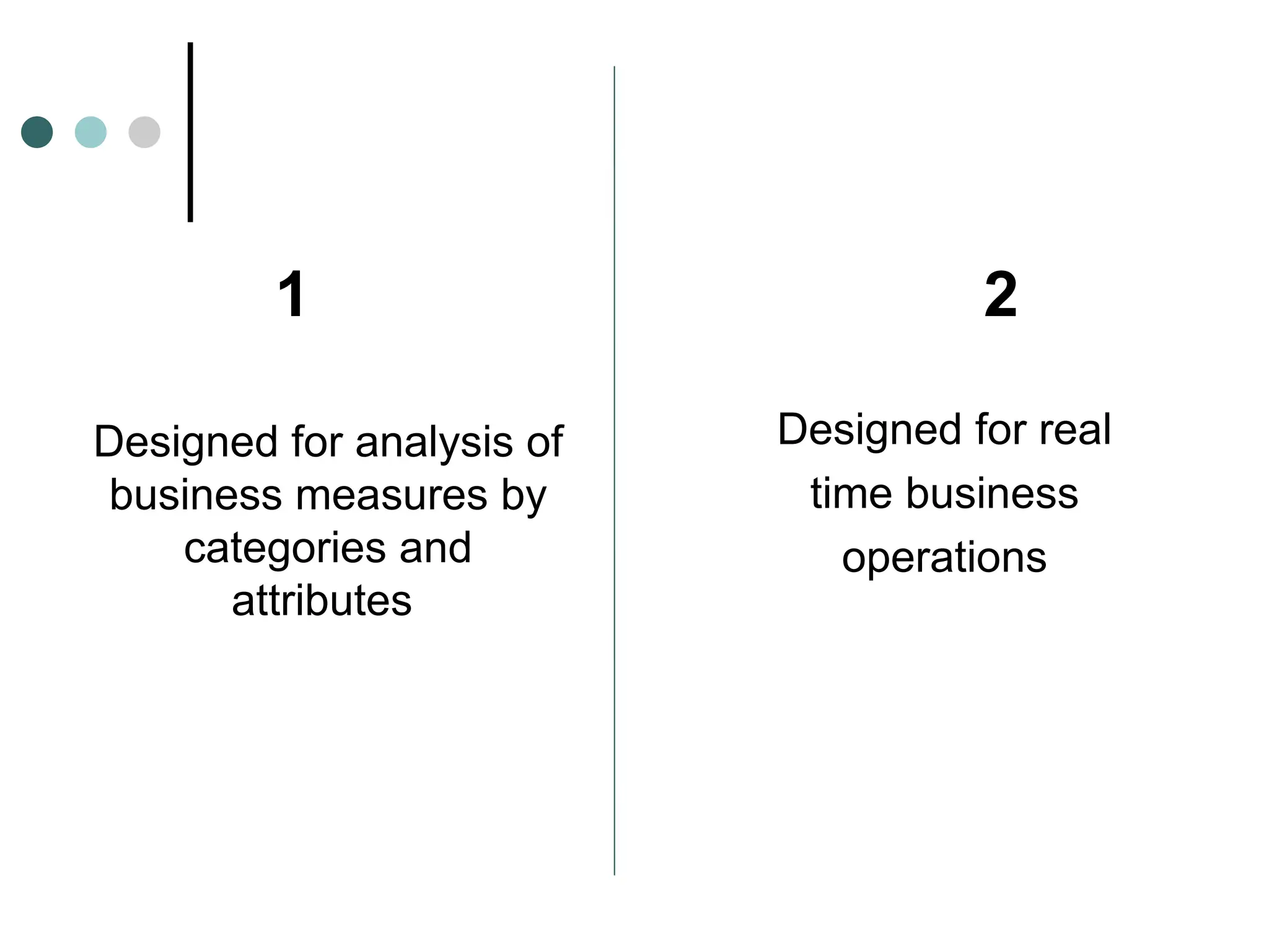 Designed for real
time business
operations
Designed for analysis of
business measures by
categories and
attributes
1 2
 