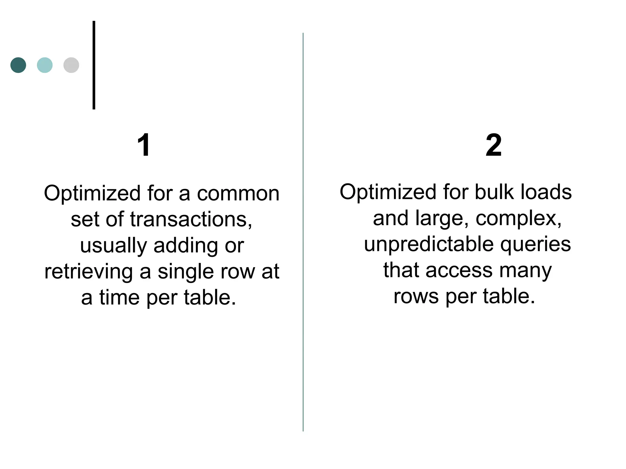 Optimized for bulk loads
and large, complex,
unpredictable queries
that access many
rows per table.
Optimized for a common
set of transactions,
usually adding or
retrieving a single row at
a time per table.
1 2
 