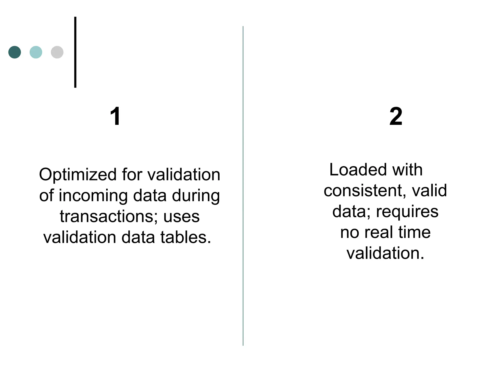 Loaded with
consistent, valid
data; requires
no real time
validation.
Optimized for validation
of incoming data during
transactions; uses
validation data tables.
1 2
 