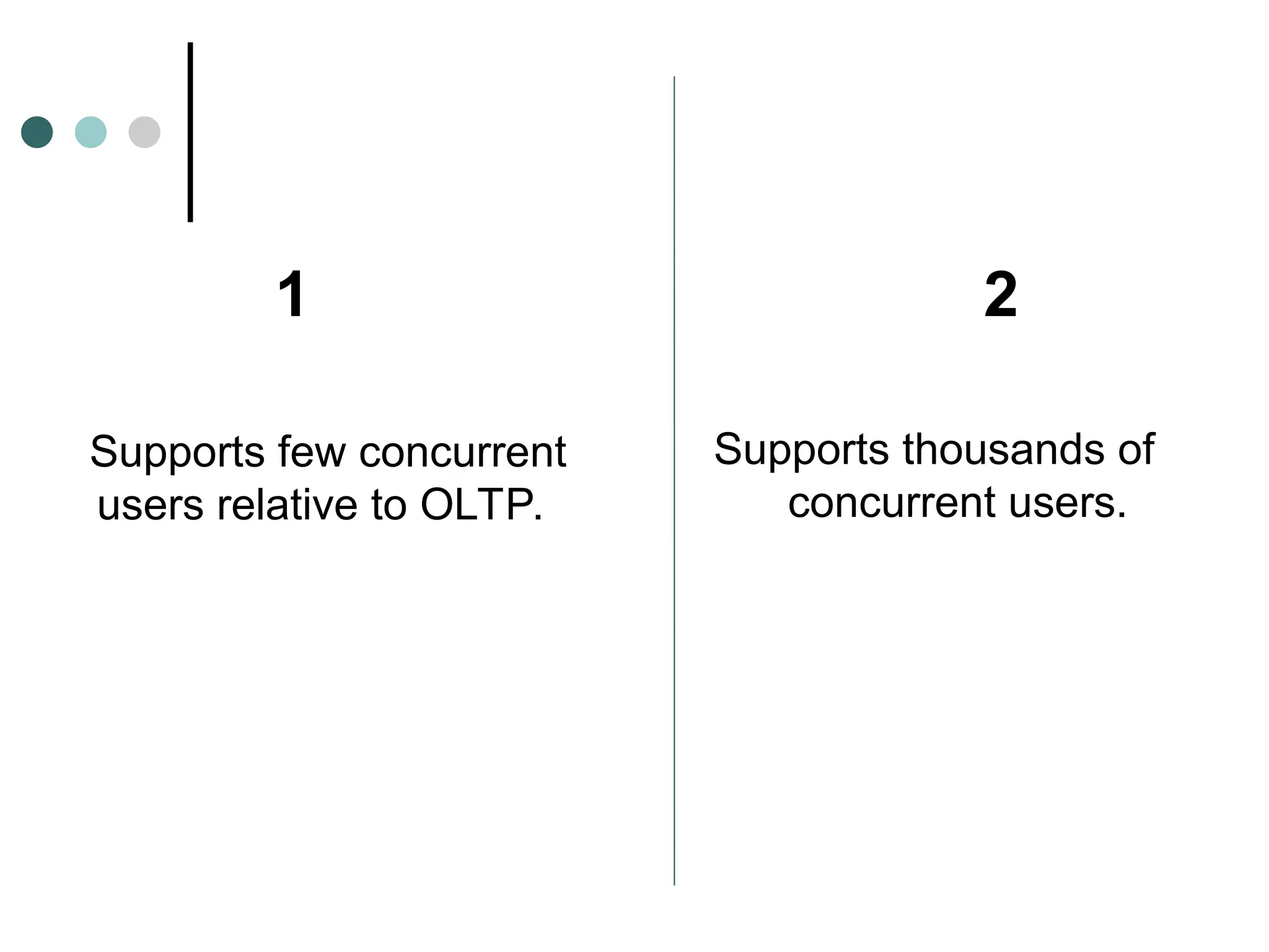 Supports thousands of
concurrent users.
Supports few concurrent
users relative to OLTP.
1 2
 