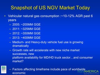 Snapshot of US NGV Market Today
• Vehicular natural gas consumption :~10-12% AGR past 6
years
– 2005: ~200MM GGE
– 2011: ~325MM GGE
– 2012: ~350MM GGE
– 2013: ~400MM GGE
– Medium- and Heavy-duty vehicle fuel use is growing
dramatically
– Growth rate will accelerate with new niche market
successes, new
platform availability for MD/HD truck sector…and consumer
market?
– Factors affecting timeframe include pace of worldwide
economic
 
