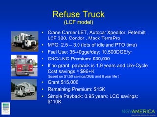 Refuse Truck
(LCF model)
• Crane Carrier LET, Autocar Xpeditor, Peterbilt
LCF 320, Condor , Mack TerraPro
• MPG: 2.5 – 3.0 (lots of idle and PTO time)
• Fuel Use: 35-40gge/day; 10,500DGE/yr
• CNG/LNG Premium: $30,000
• If no grant, payback is 1.9 years and Life-Cycle
Cost savings = $96+K
(based on $1.50 savings/DGE and 8 year life )
• Grant $15,000
• Remaining Premium: $15K
• Simple Payback: 0.95 years; LCC savings:
$110K
 