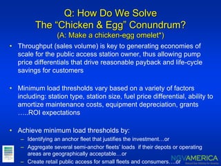 Q: How Do We Solve
The “Chicken & Egg” Conundrum?
(A: Make a chicken-egg omelet*)
• Throughput (sales volume) is key to generating economies of
scale for the public access station owner, thus allowing pump
price differentials that drive reasonable payback and life-cycle
savings for customers
• Minimum load thresholds vary based on a variety of factors
including: station type, station size, fuel price differential, ability to
amortize maintenance costs, equipment depreciation, grants
…..ROI expectations
• Achieve minimum load thresholds by:
– Identifying an anchor fleet that justifies the investment…or
– Aggregate several semi-anchor fleets’ loads if their depots or operating
areas are geographically acceptable…or
– Create retail public access for small fleets and consumers….or
 