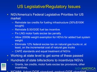 US Legislative/Regulatory Issues
• NGVAmerica’s Federal Legislative Priorities for US
market
– Reinstate tax credits for fueling infrastructure (30%/$100K
sought)
– Reinstate $.50/GGE fuel tax incentive
– Fix LNG motor fuels excise tax penalty
– Allow 2000lb weight exemption for HDVs for added fuel system
weight
– Eliminate 12% federal excise tax on natural gas trucks or, at
least, on the incremental cost of natural gas trucks
– CAFÉ standards and equal treatment of NGVs
• Working at state level to get some of these passed
• Hundreds of state bills/actions to incentivize NGVs
– Grants, tax credits, motor fuels excise tax provisions, other
incentives,
 