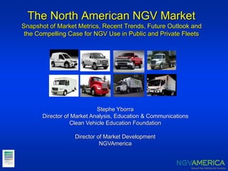 The North American NGV Market
Snapshot of Market Metrics, Recent Trends, Future Outlook and
the Compelling Case for NGV Use in Public and Private Fleets
Stephe Yborra
Director of Market Analysis, Education & Communications
Clean Vehicle Education Foundation
Director of Market Development
NGVAmerica
 