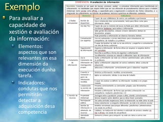 Para avaliar a
capacidade de
xestión e avaliación
da información:
Elementos:
aspectos que son
relevantes en esa
dimensión da
execución dunha
tarefa.
Indicadores:
condutas que nos
permitirán
detectar a
adquisición desa
competencia

 